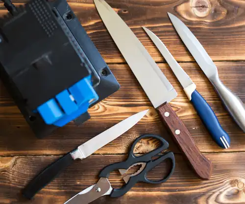 A selection of knives and tools being sharpened
